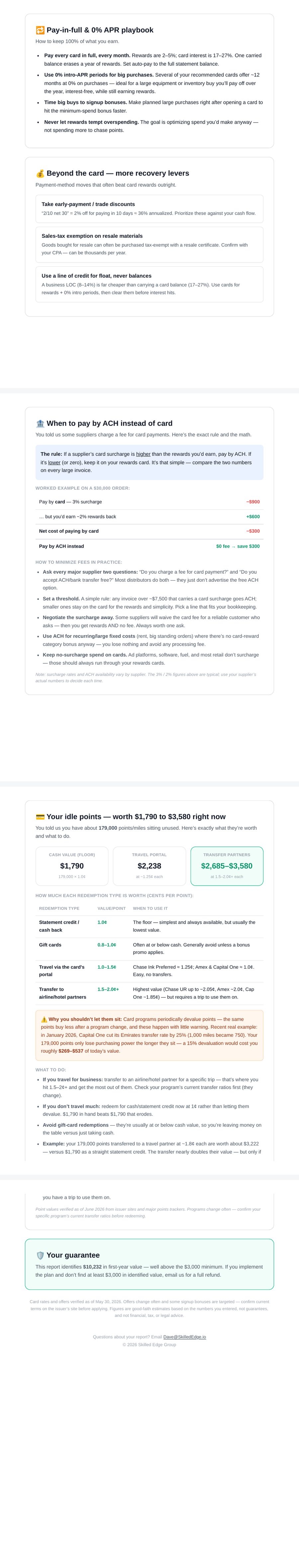Report pages showing ACH payment strategy, idle points valuation, and the pay-in-full playbook